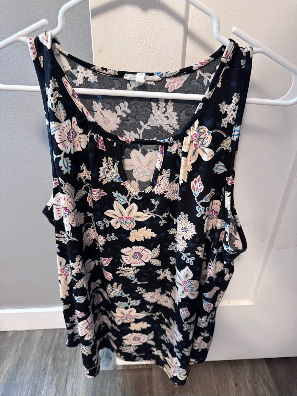 Maurices Black Floral Scoop Neck Tank Top with Cream & Pink Accents
